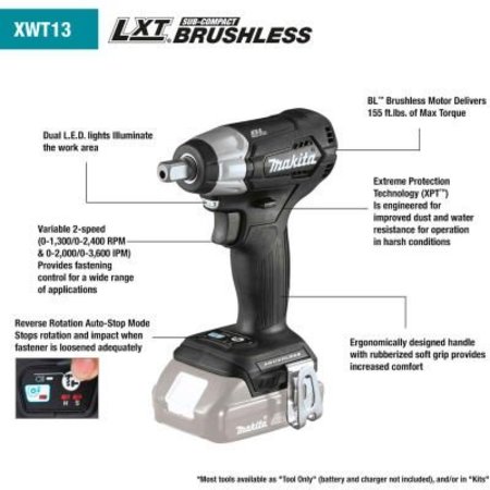 MAKITA Makita Cordless 1/2in Sq. Drive Impact Wrench Tool, 18V LXT Li-Ion, Sub-Cmpt Brushless XWT13ZB